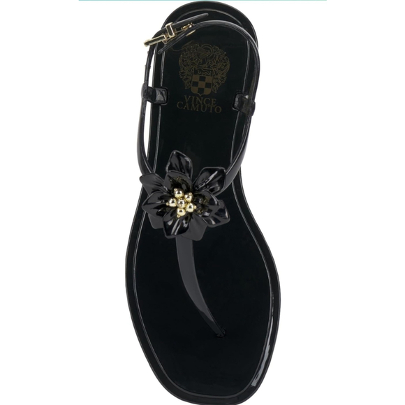 New Vince Camuto Black Gold Jelly Flower Adjustable Thong Flip Flop Sandal 10 M - Picture 4 of 13